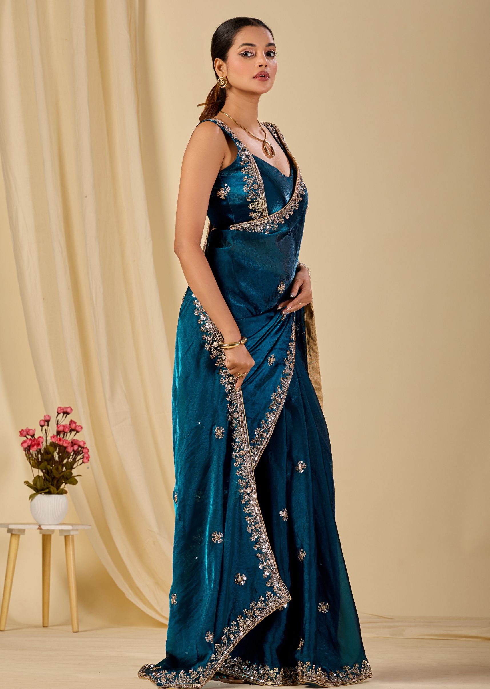 Teal Blue Italian Silk Saree With Embroidery Work