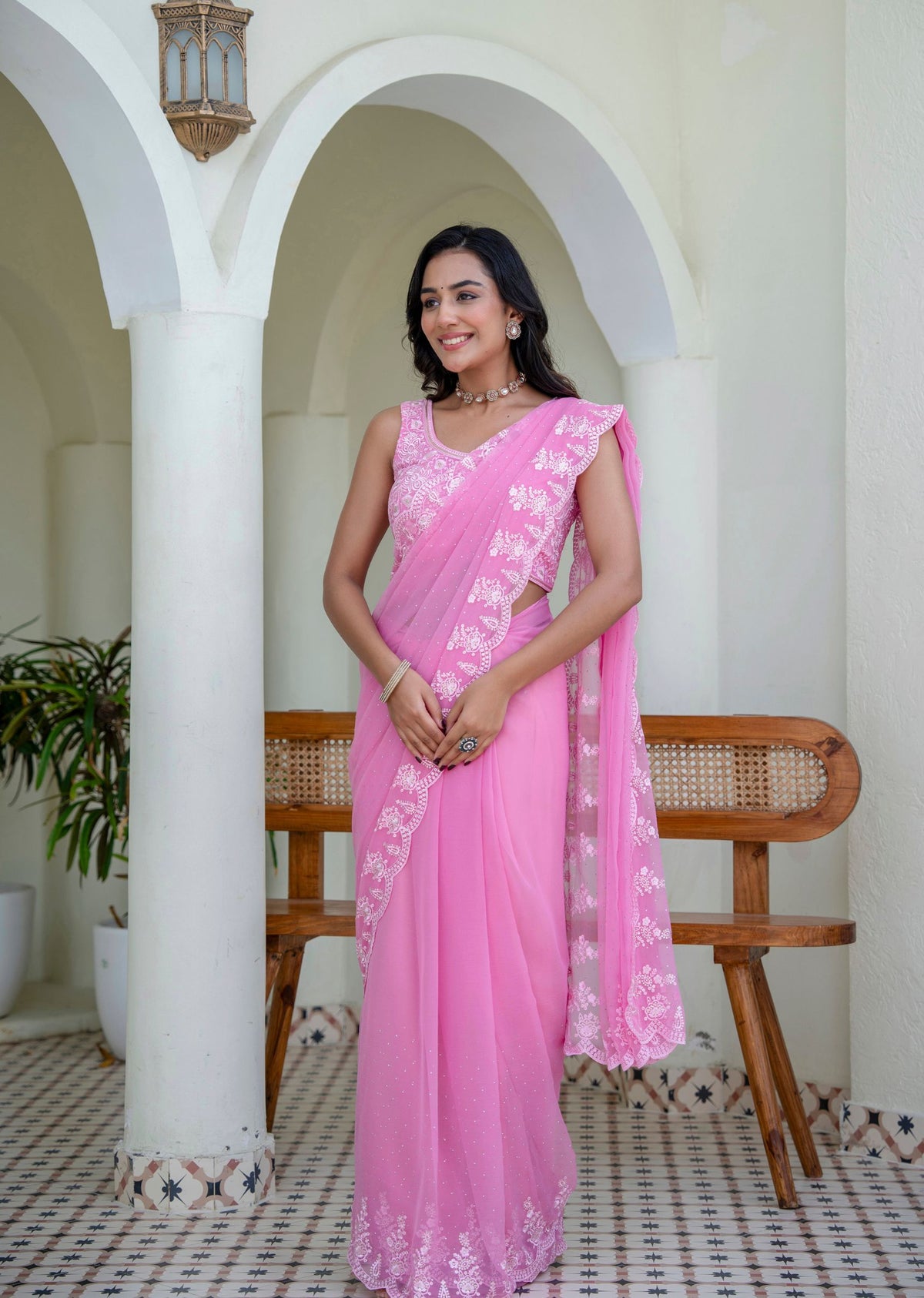 Baby Pink Chiffon Saree Outdoor Styled Look - Festive Wear Saree