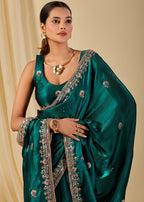 Teal Italian Silk Saree Outdoor Look - Festive Wear Saree
