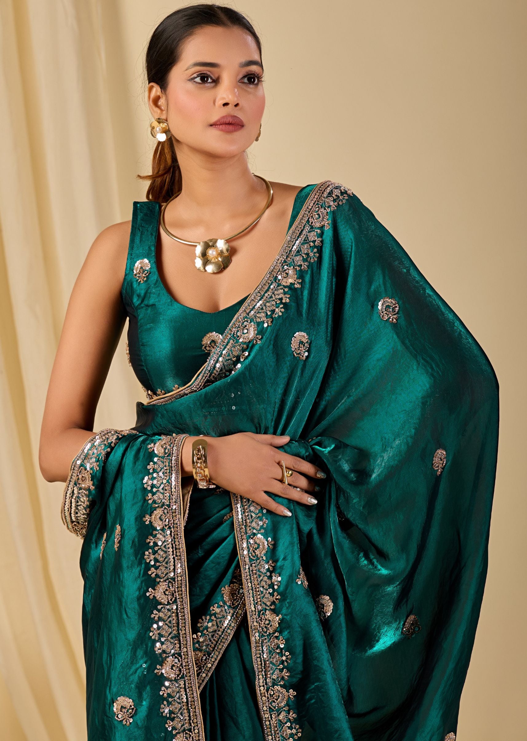 Teal Italian Silk Saree Outdoor Look - Festive Wear Saree