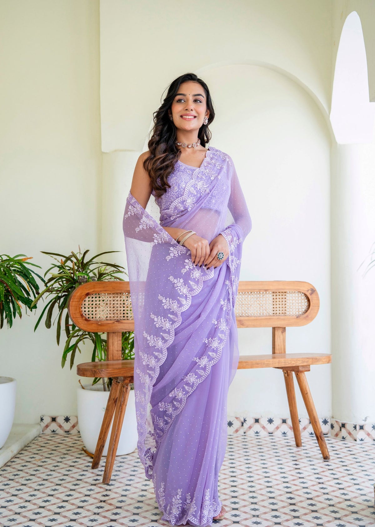 Purple Chiffon Saree Standing Look - Party Wear Saree