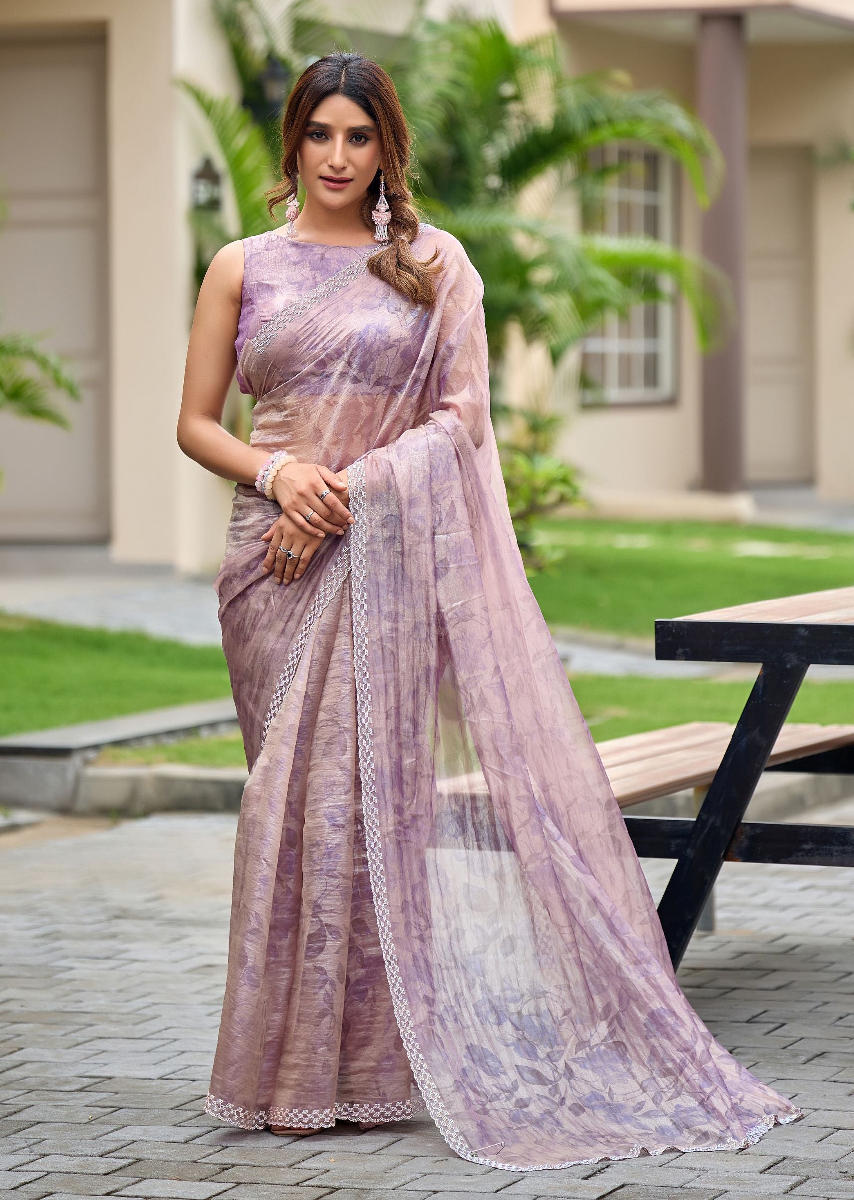 Lavender Crushed Organza Saree Outdoor Styled Look - Party Wear Saree