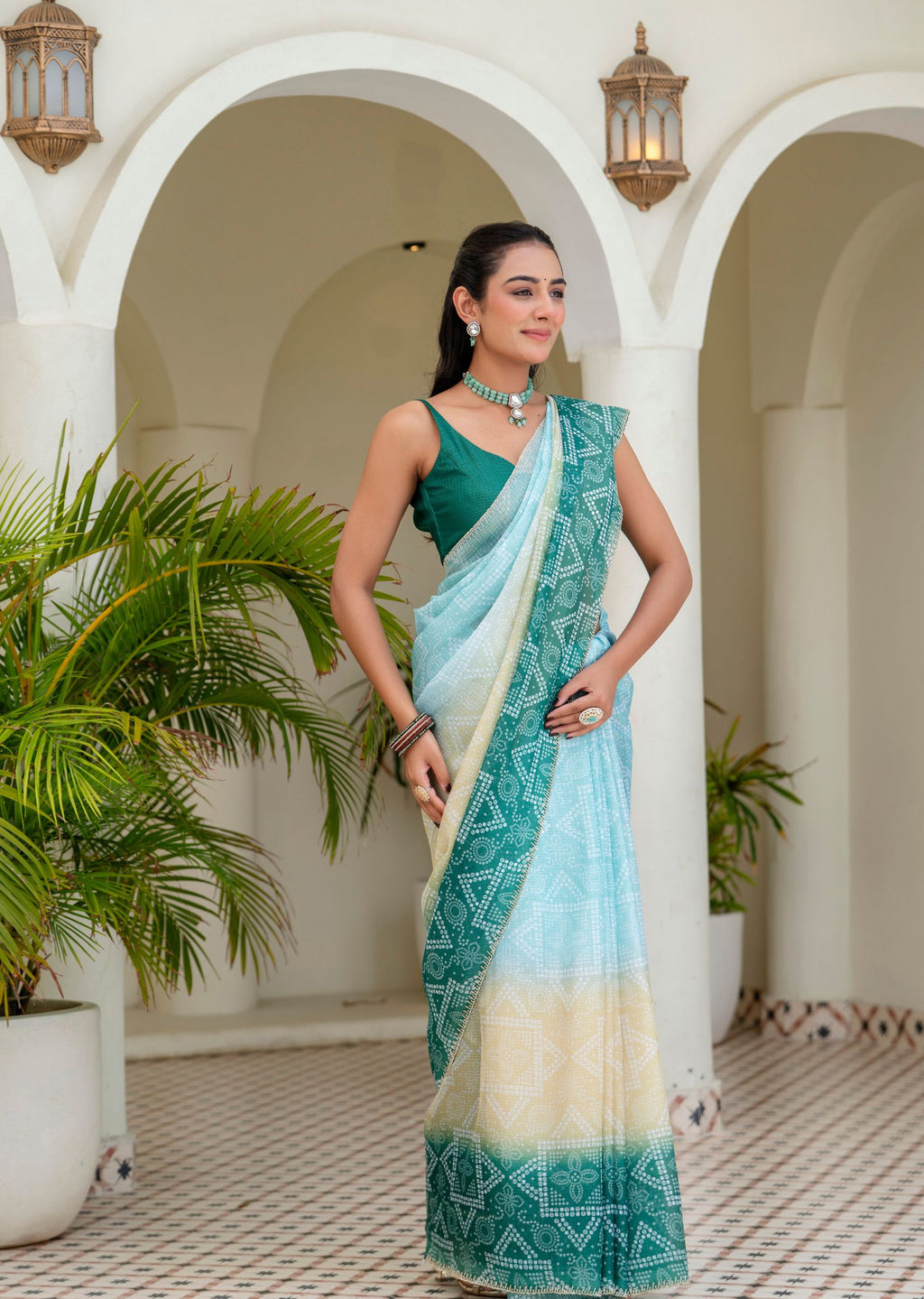 Teal Green Kota Silk Saree Draped Pose - Aqua Toned Pallu Detail