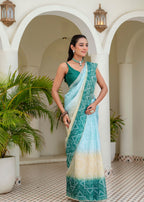 Teal Green Kota Silk Saree Draped Pose - Aqua Toned Pallu Detail