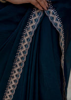 Navy Blue Italian Silk Saree Standing Pose - Festive Wear Saree