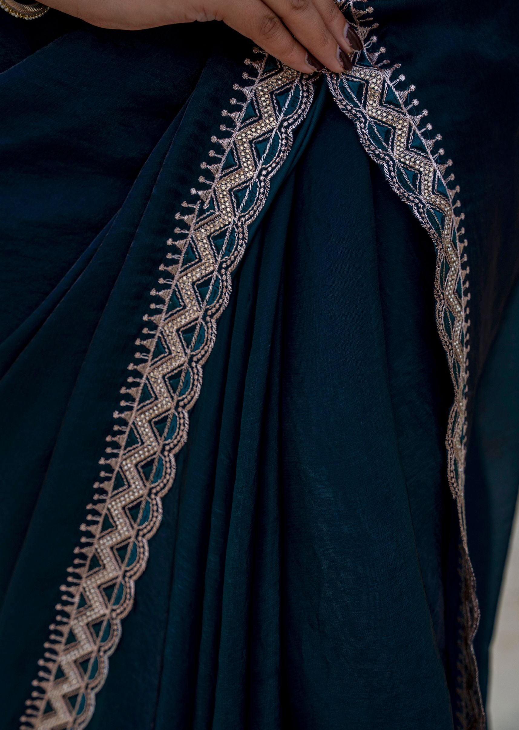 Navy Blue Italian Silk Saree Standing Pose - Festive Wear Saree