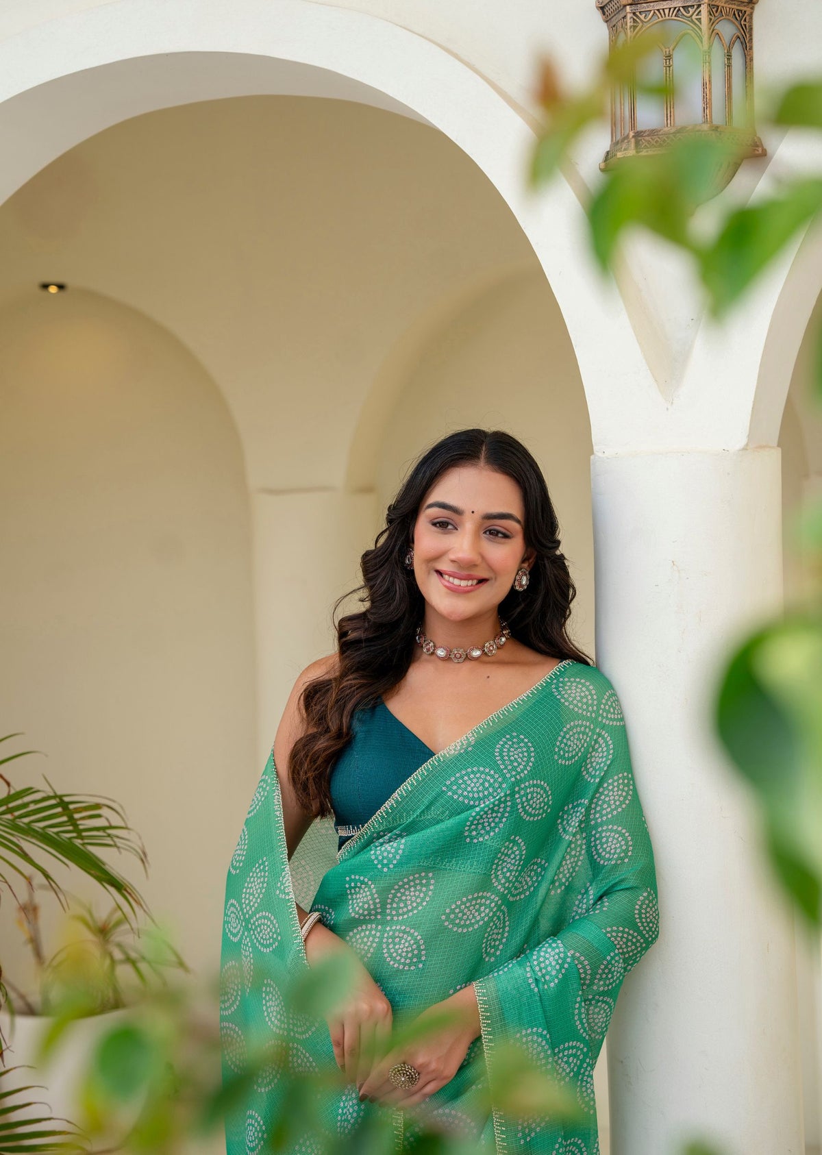 Teal Green Kota Silk Saree Draped Pose - Contrasting Border Detail