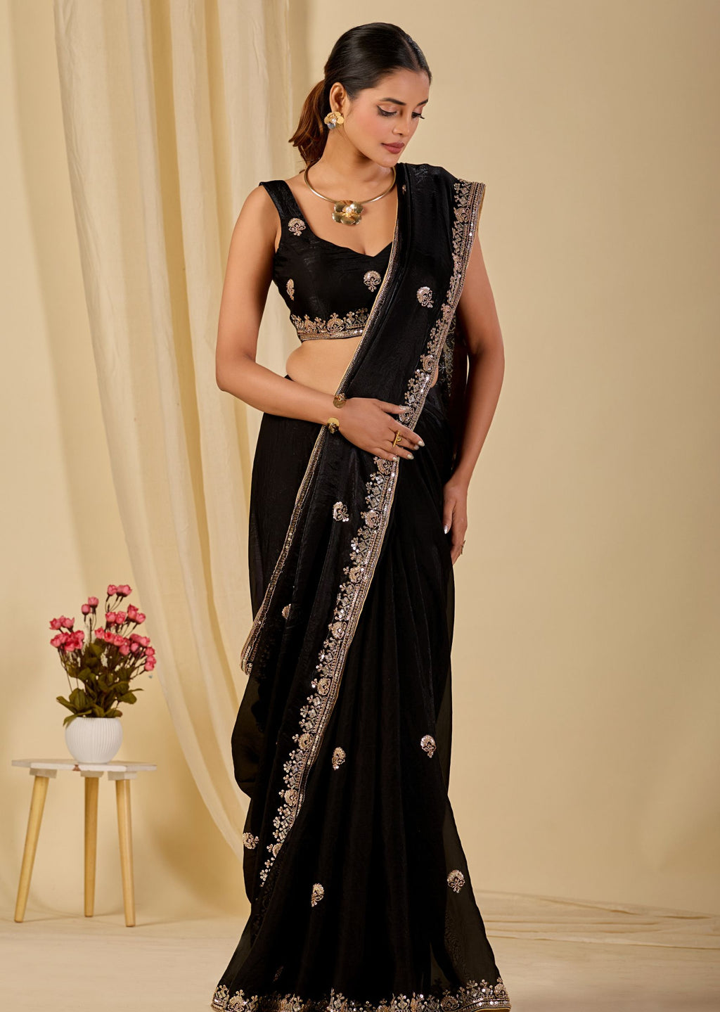 Black Italian Silk Saree Draped Pose - Embellished Border Detail