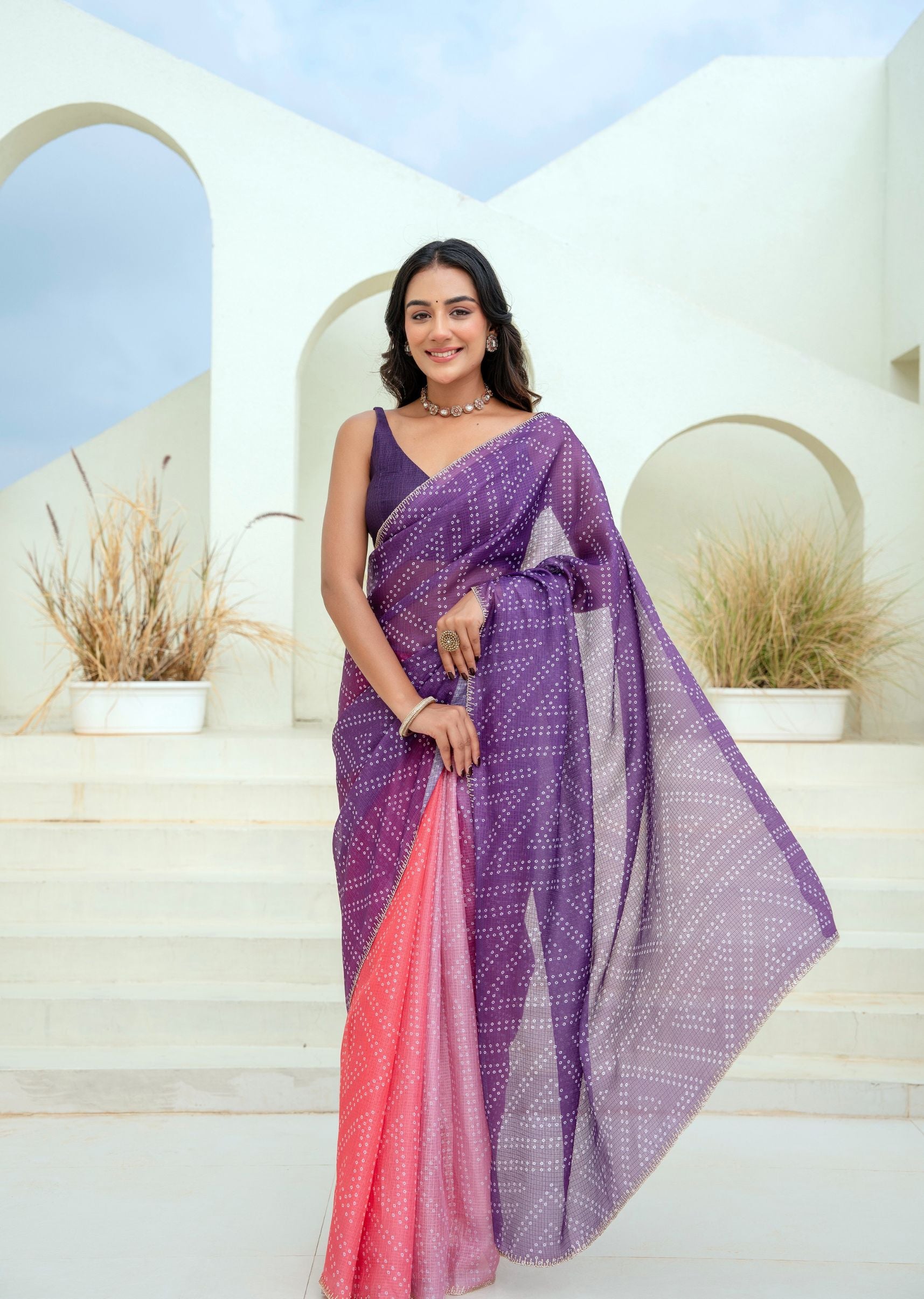 Purple Red Kota Silk Saree Standing Look - Festive Wear Saree