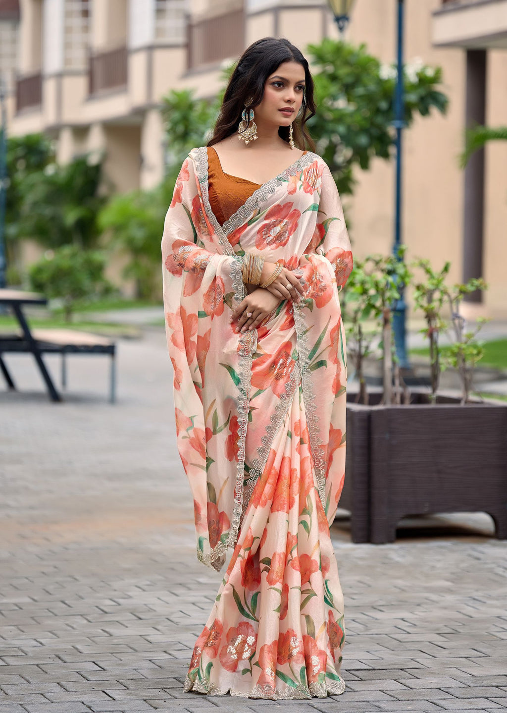 Orange Italian Silk Saree Outdoor Look - Party Wear Saree