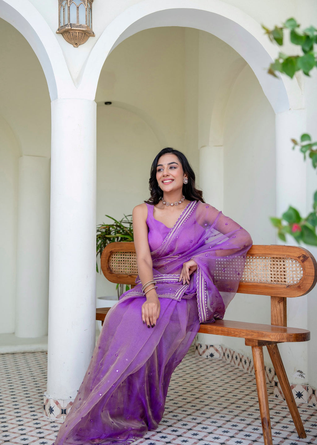 Purple Tissue Silk Saree Standing Pose - Festive Wear Saree