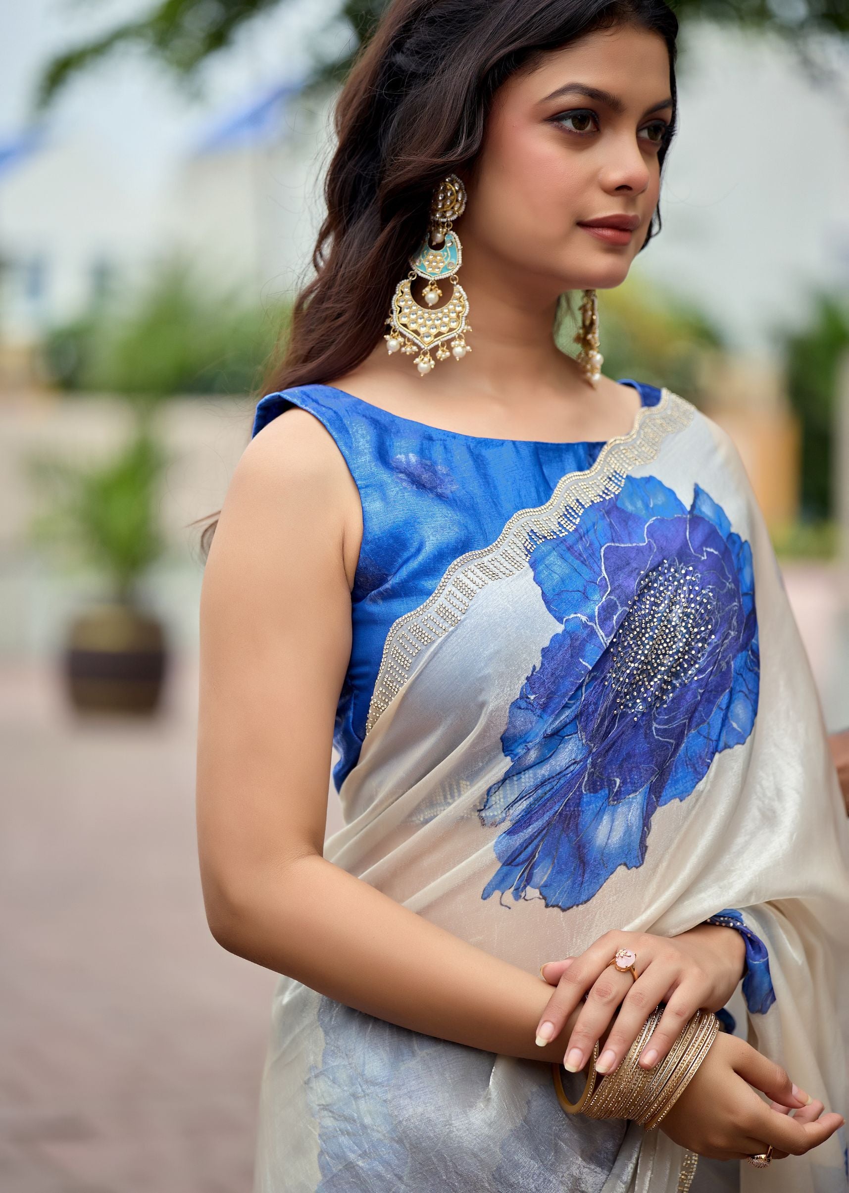 Ivory Italian Silk Saree Draped Pose - Contrasting Border Detail