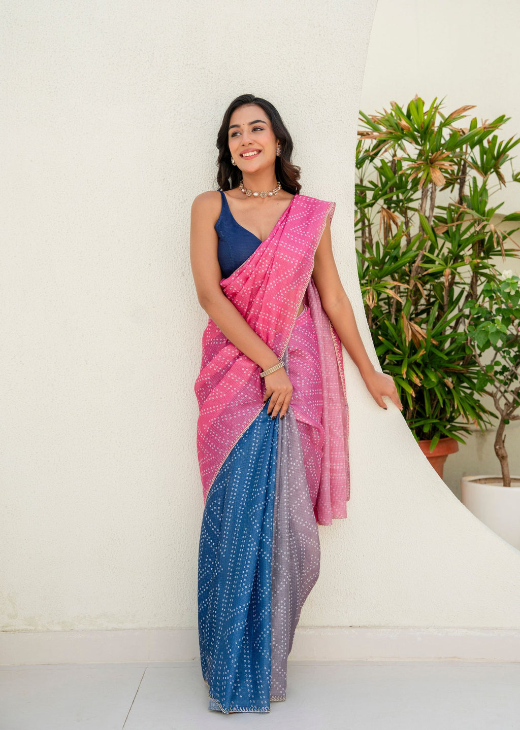 Pink Blue Kota Silk Saree Outdoor Look - Party Wear Saree
