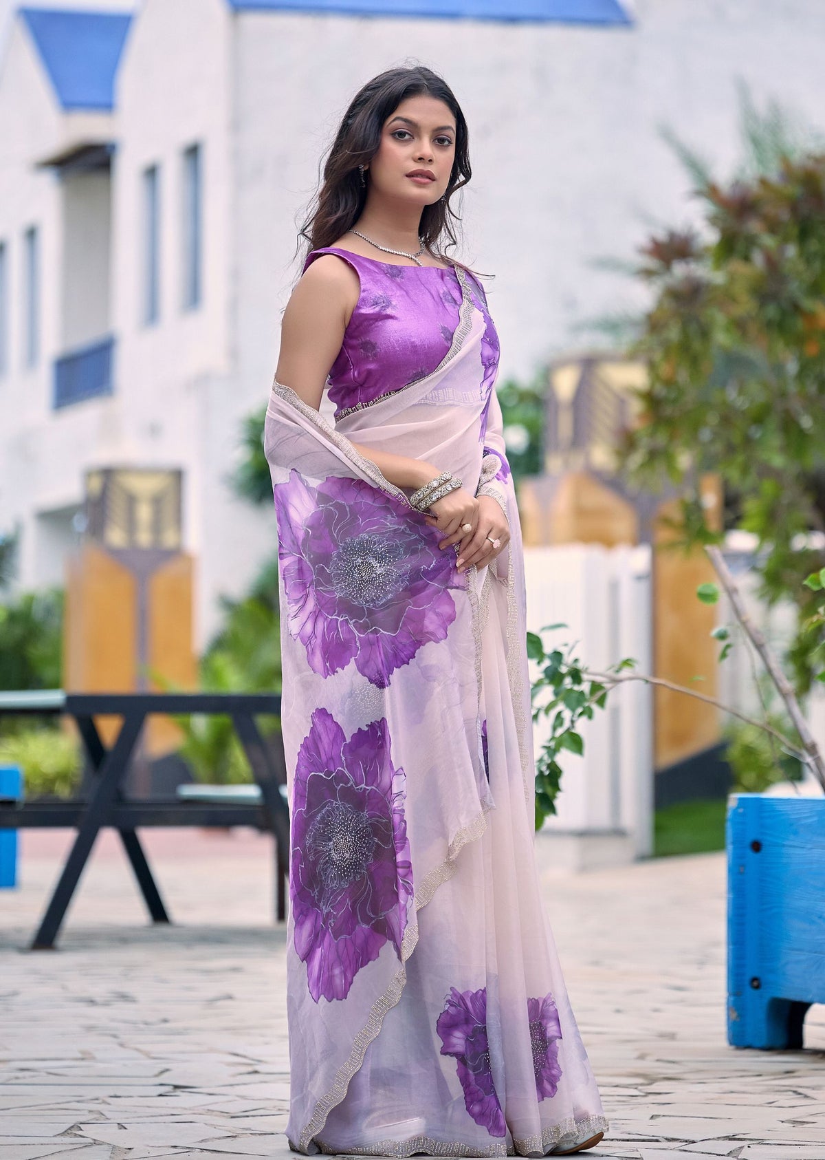 Lavender Italian Silk Saree Draped Pose - Silver Toned Border Detail