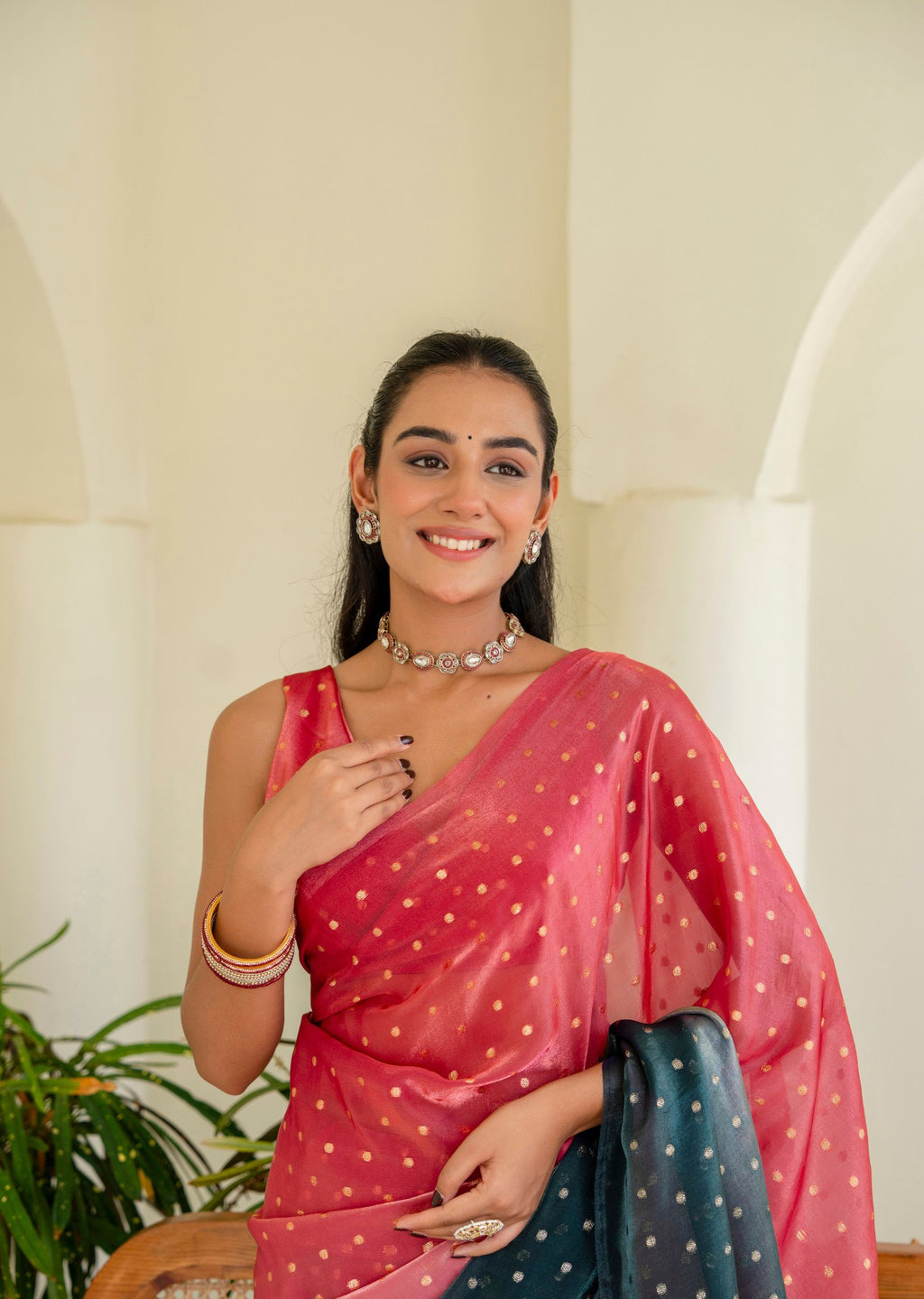Coral Pink Organza Silk Saree Standing Look - Party Wear Saree