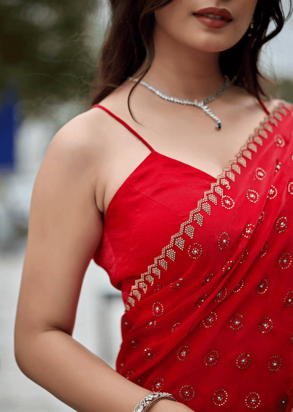 Red Italian Silk Saree Blouse Close Up - Stone Work Detail