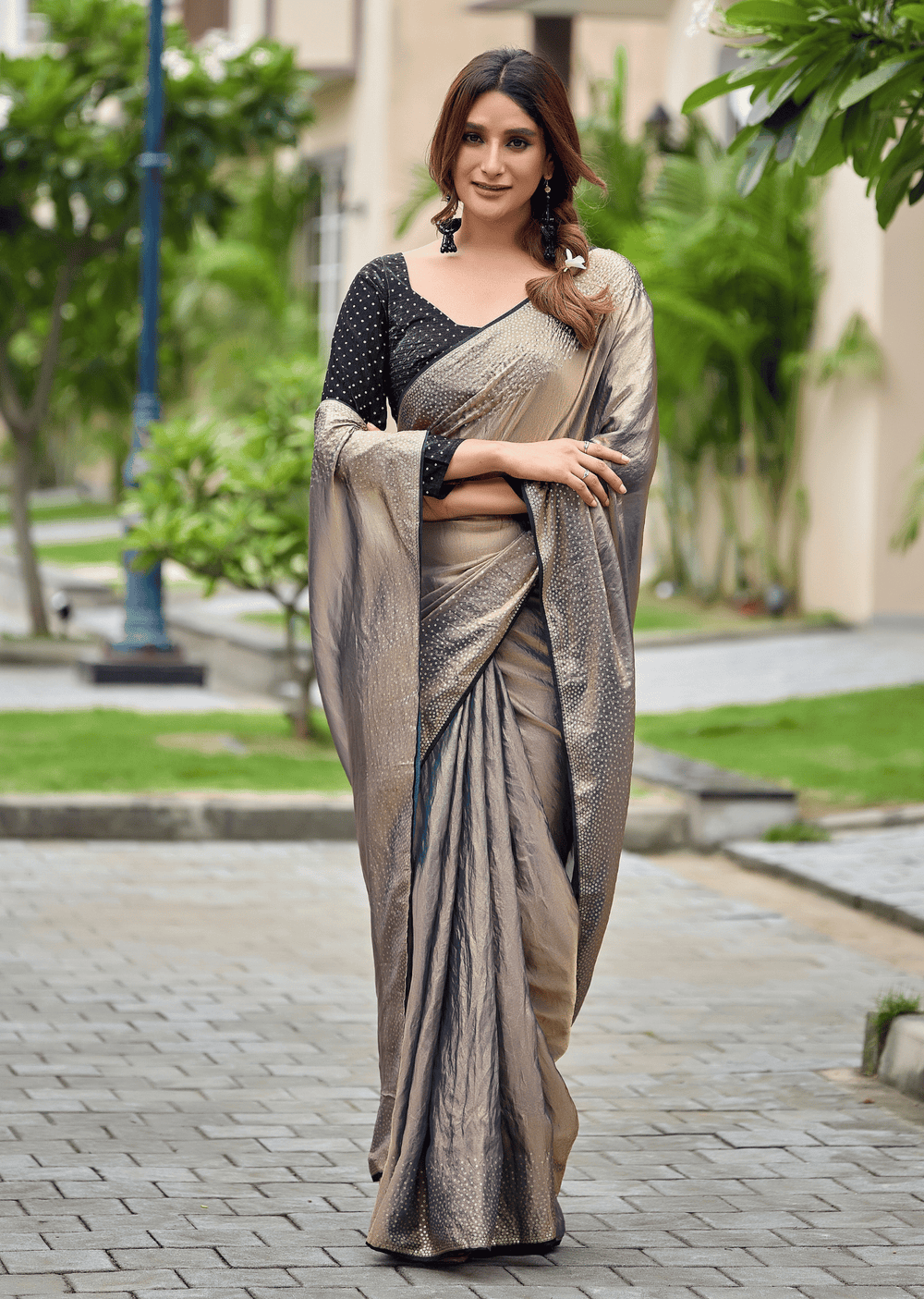 Grey Italian Silk Saree Draped Pose - Black Border Detail