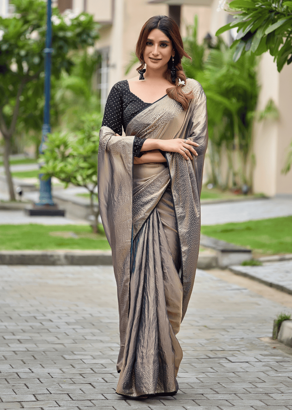Grey Italian Silk Saree Draped Pose - Black Border Detail