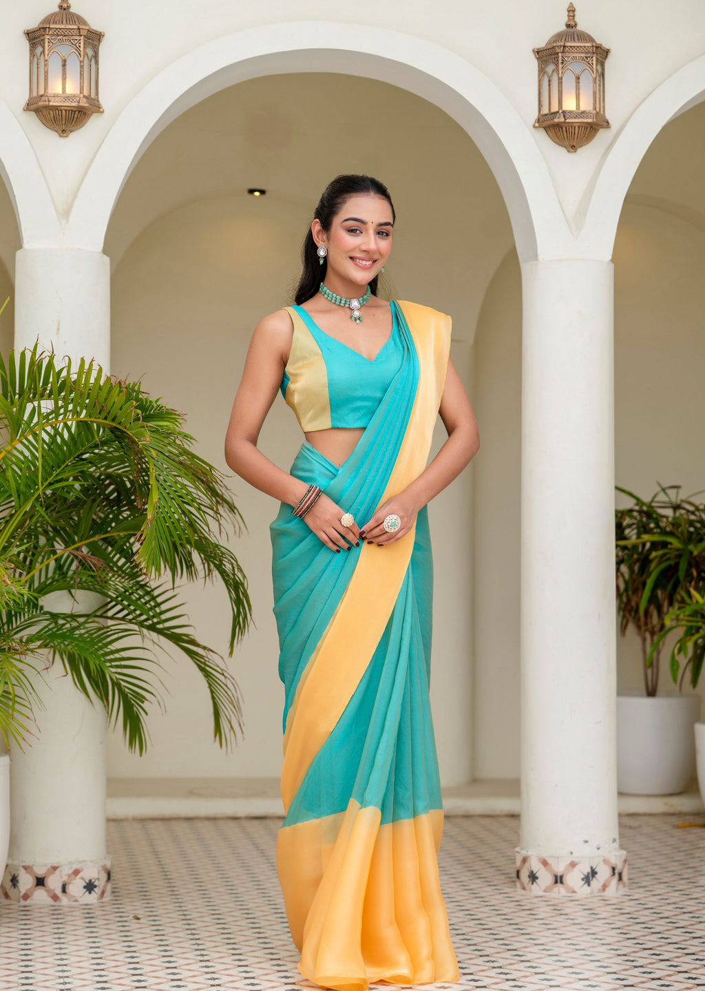 Sky Blue Organza Saree Outdoor Styled Pose - Festive Wear Saree