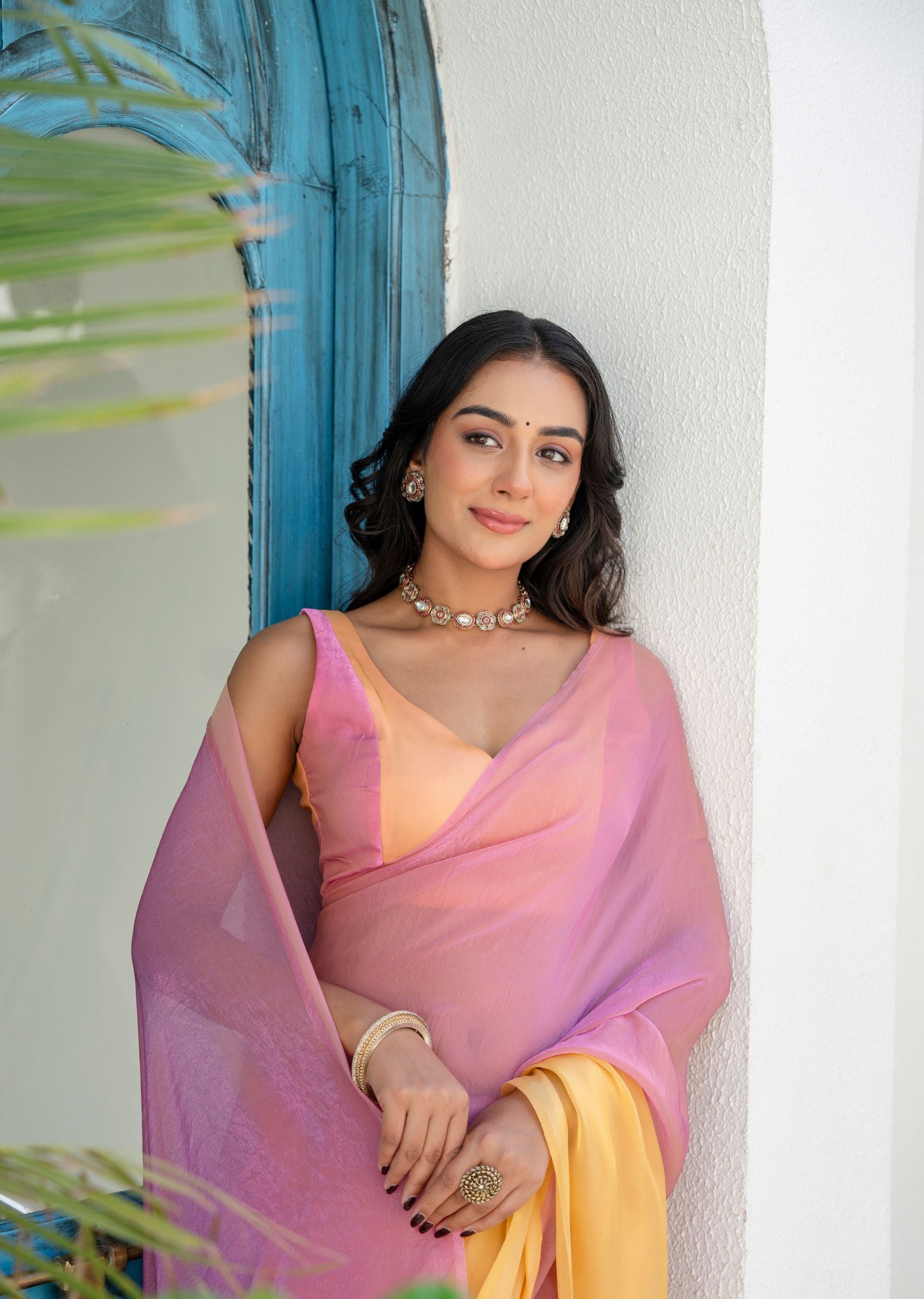 Pink Organza Saree Draped Pose - Sheer Drape Detail