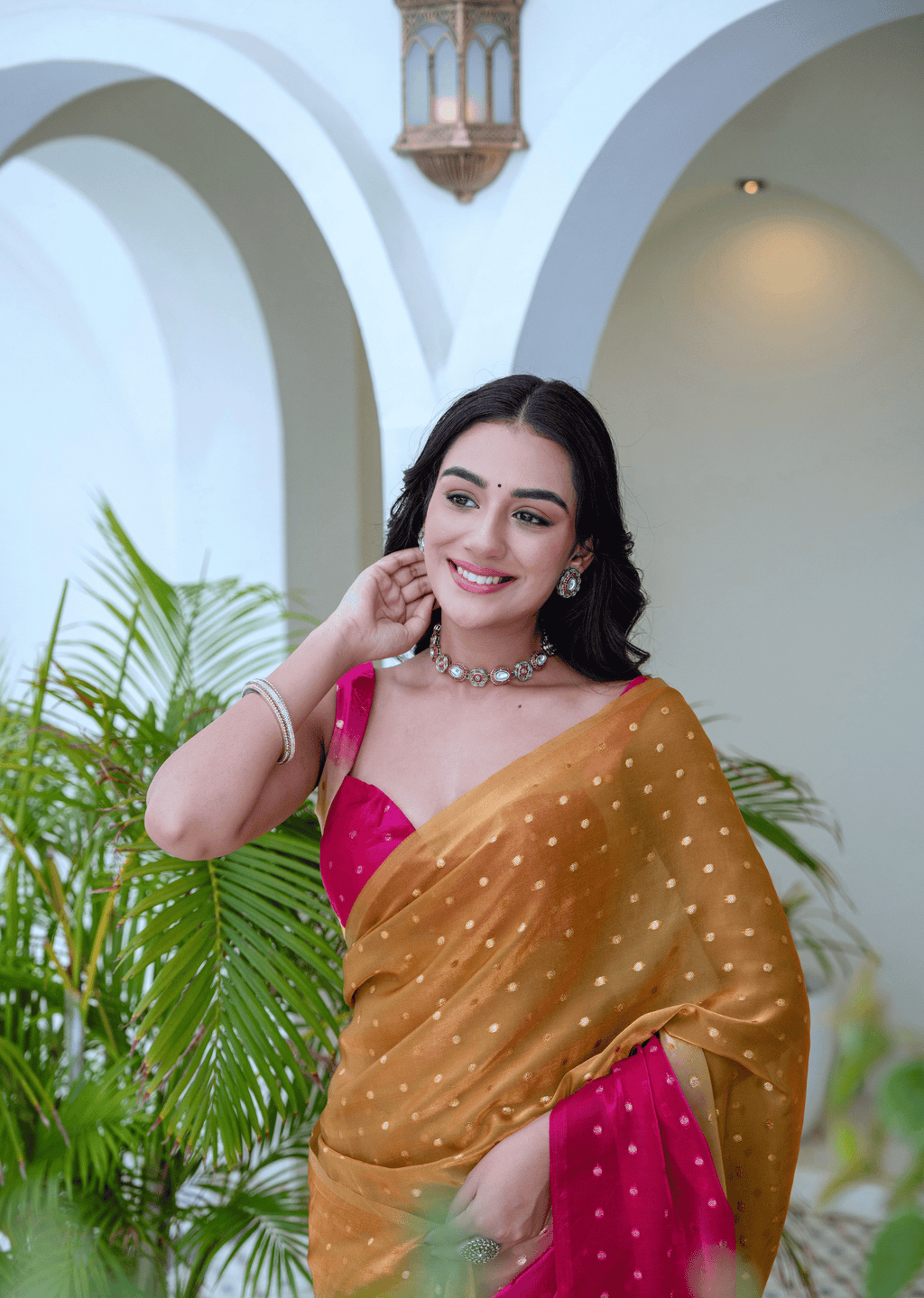 Pista Pink Organza Silk Saree Draped Pose - Festive Wear Saree
