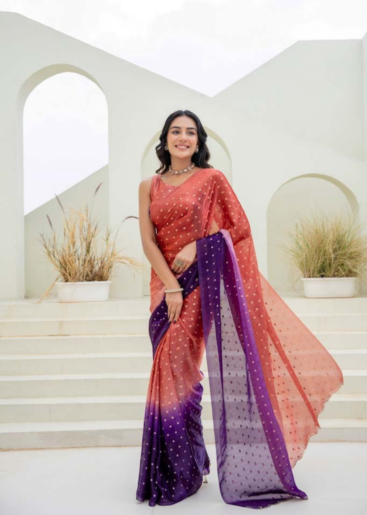 Orange Purple Organza Silk Saree Standing Pose - Festive Wear Saree