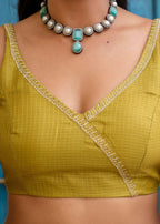 Mehendi Green Kota Silk Saree Blouse Close Up - Bandhani Motif Design
