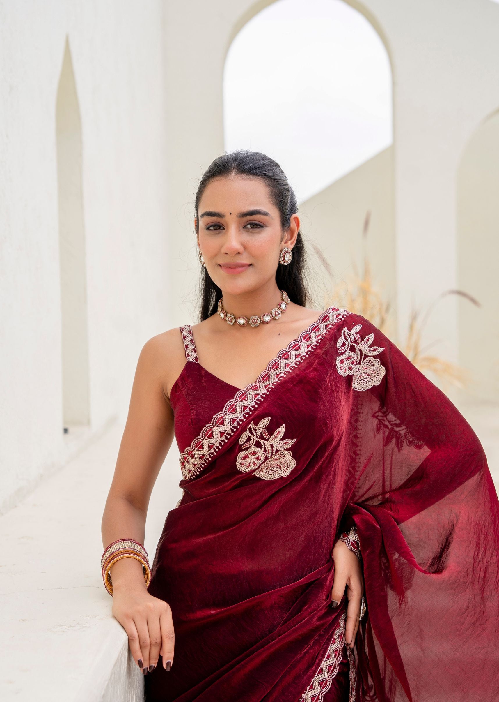 Purple Italian Silk Saree Draped Pose - Stone Work Detail