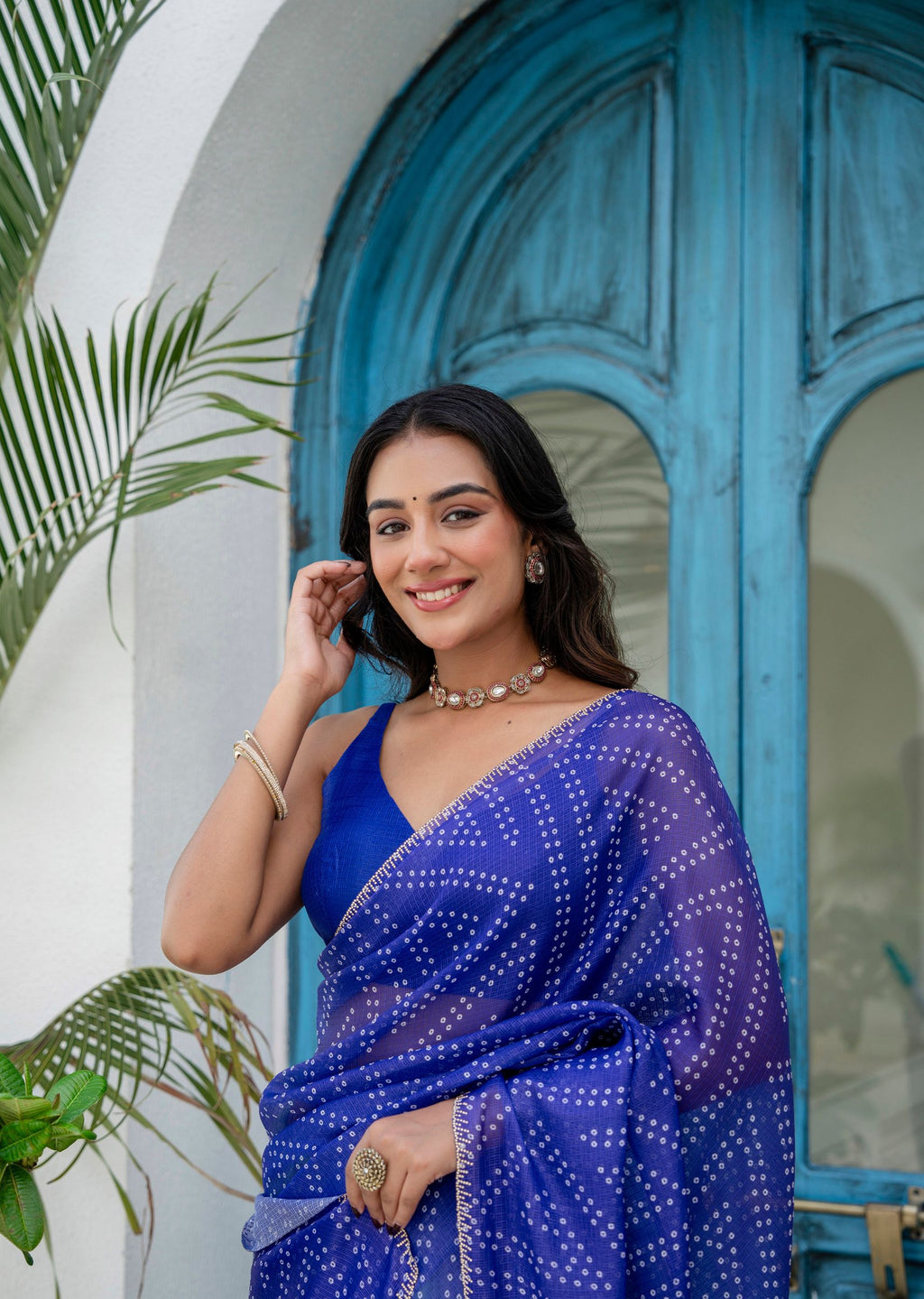 Royal Blue Green Kota Silk Saree Outdoor Look - Party Wear Saree
