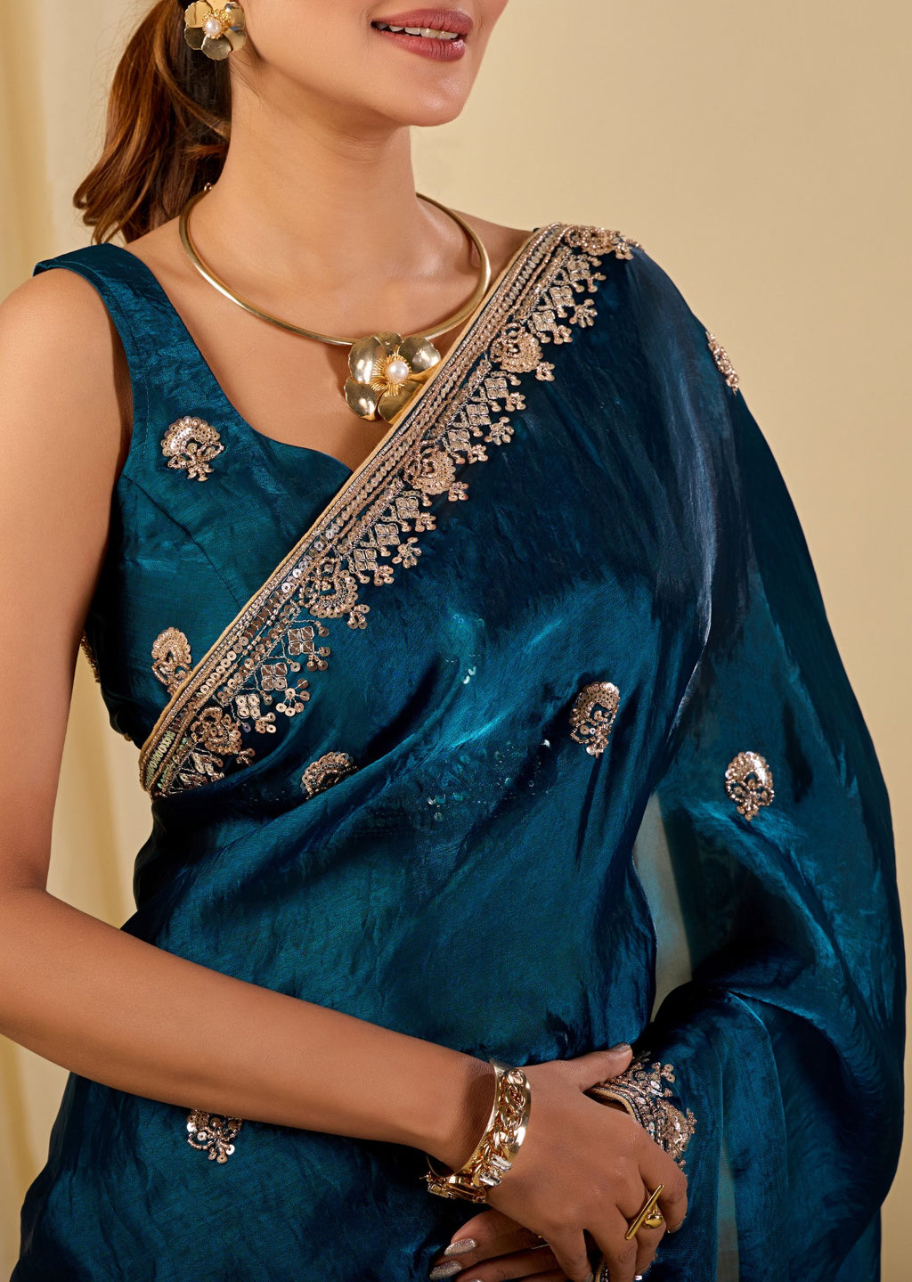 Teal Blue Italian Silk Saree Draped Pose - Embellished Border Detail