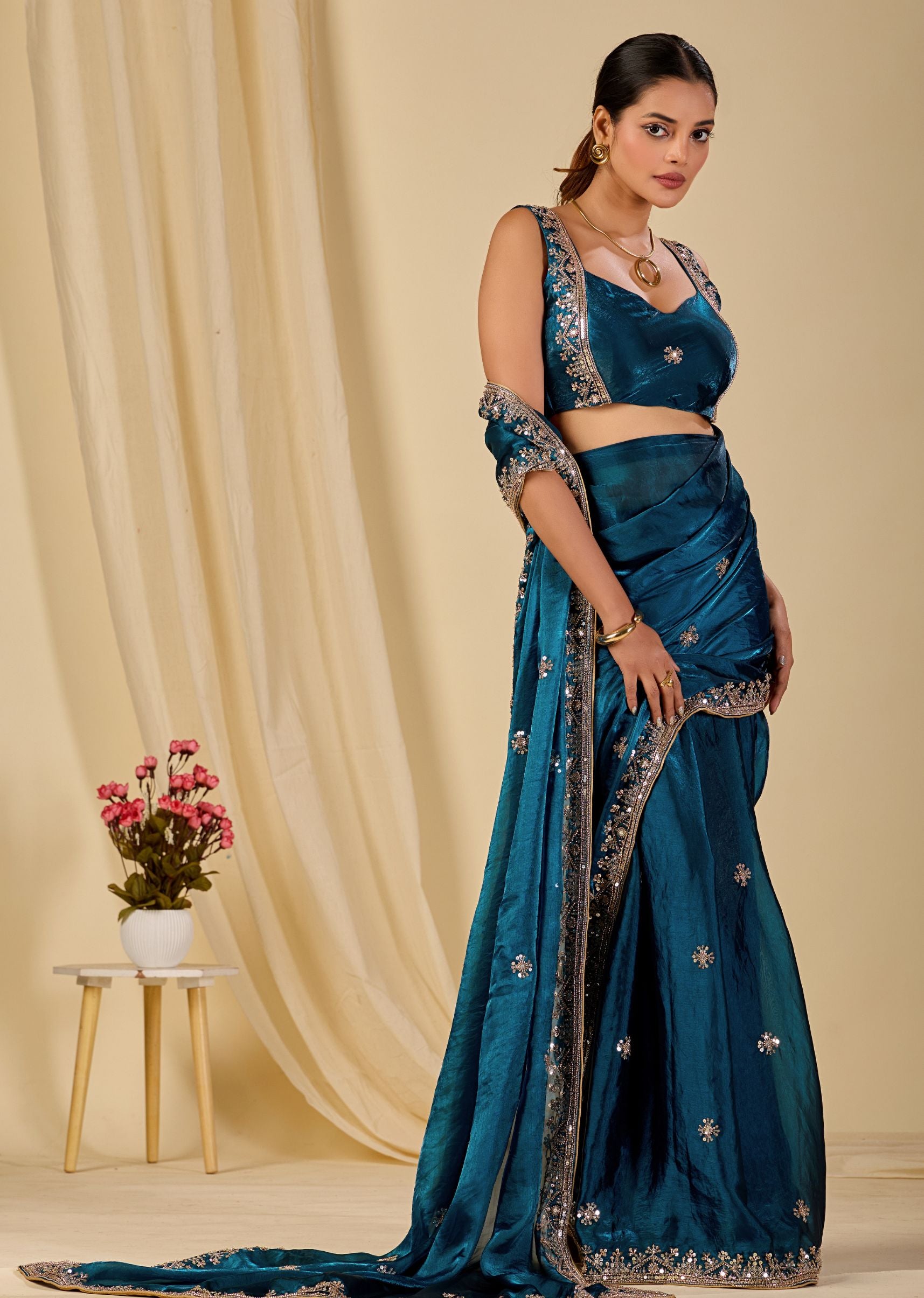Teal Blue Italian Silk Saree With Embroidery Work