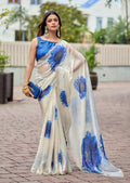Ivory Italian Silk Saree With Blue Floral Print - Front Look | Buy Online Ethnic9