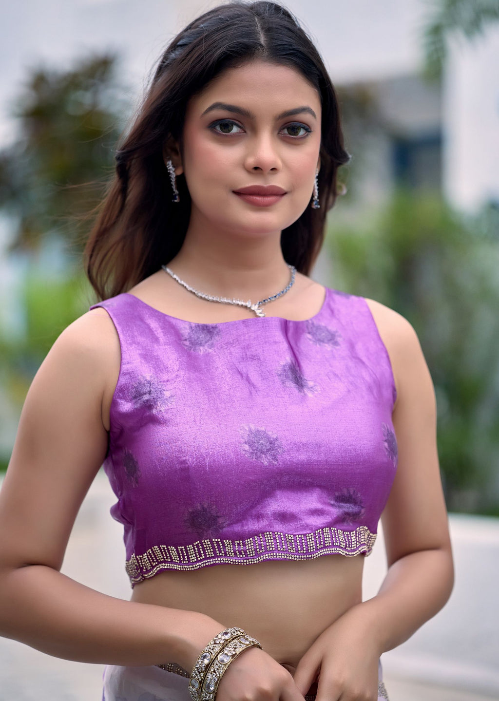 Lavender Italian Silk Saree Blouse Close Up - Floral Motif Design