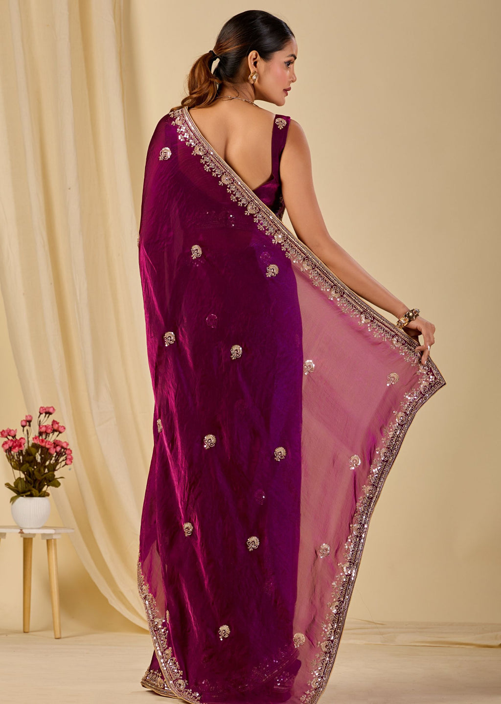 Wine Purple Italian Silk Saree Draped Look - Floral Embroidery Detail
