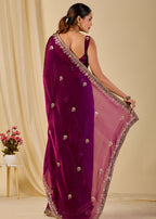 Wine Purple Italian Silk Saree Draped Look - Floral Embroidery Detail