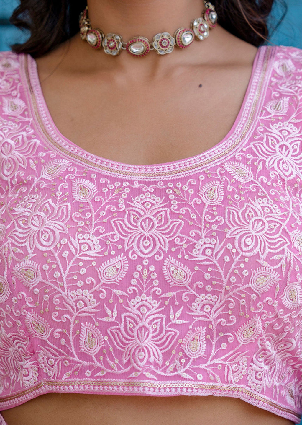 Baby Pink Chiffon Saree Blouse Detail - Embroidery Design