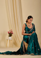 Teal Italian Silk Saree Draped Pose - Stone Work Detail