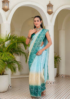 Teal Green Kota Silk Saree With Bandhani Print - Front Look | Buy Online Ethnic9
