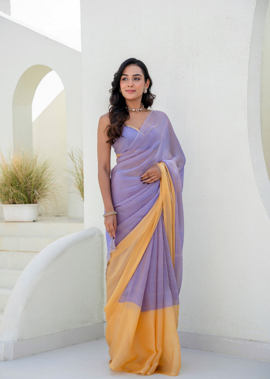 Lavender Soft Organza Saree With Yellow Border - Front Look | Buy Online Ethnic9