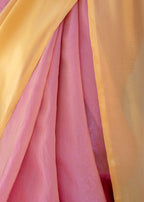 Pink Organza Saree Pallu Close Up - Yellow Border Design