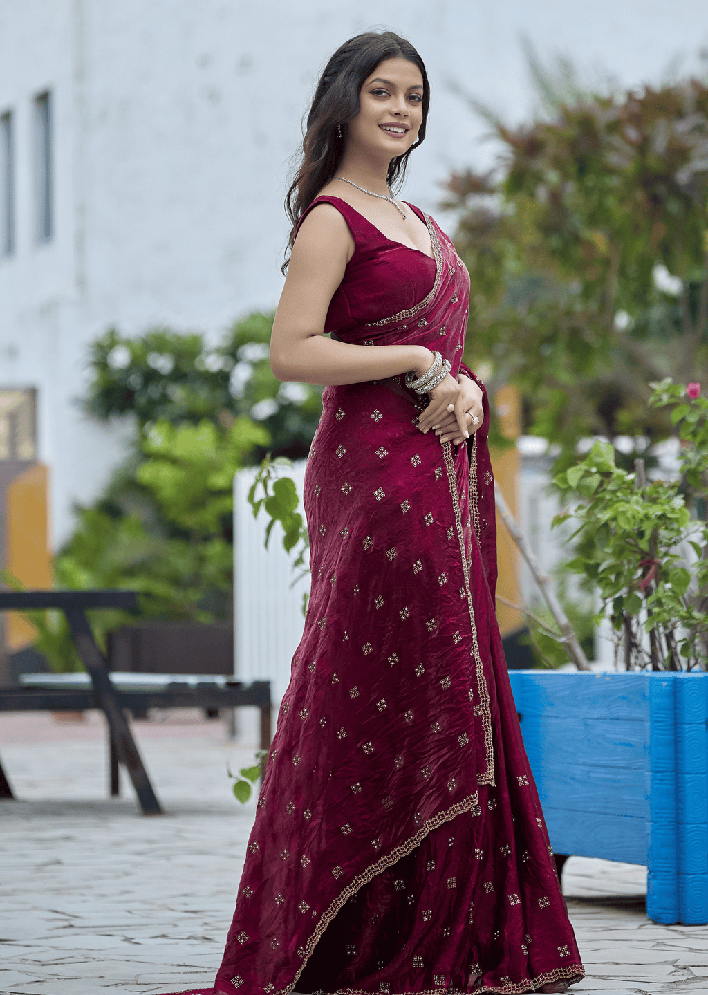 Maroon Italian Silk Saree Draped Pose - Stone Work Detail