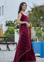 Maroon Italian Silk Saree Draped Pose - Stone Work Detail
