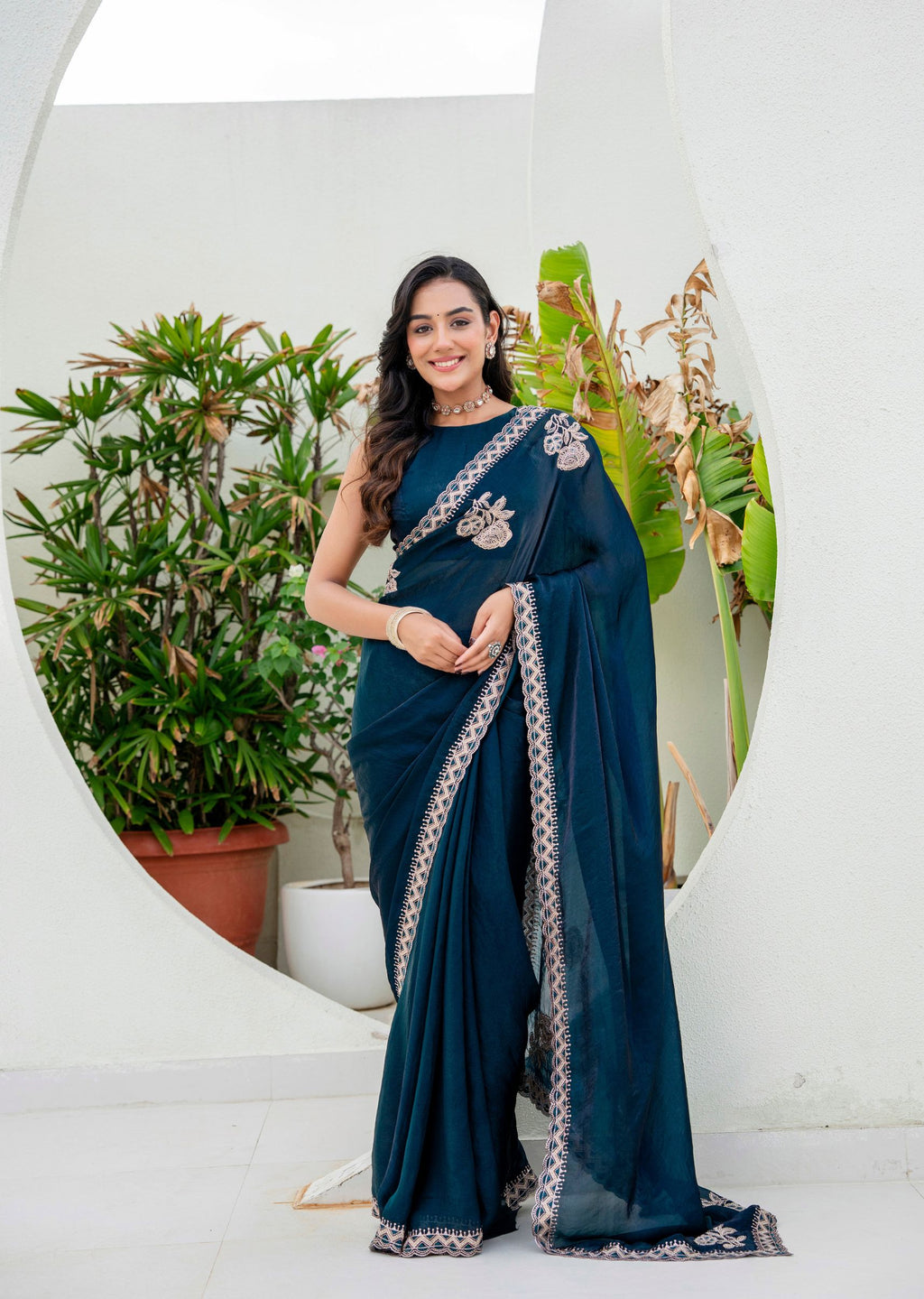 Navy Blue Italian Silk Saree Outdoor Look - Wedding Wear Saree