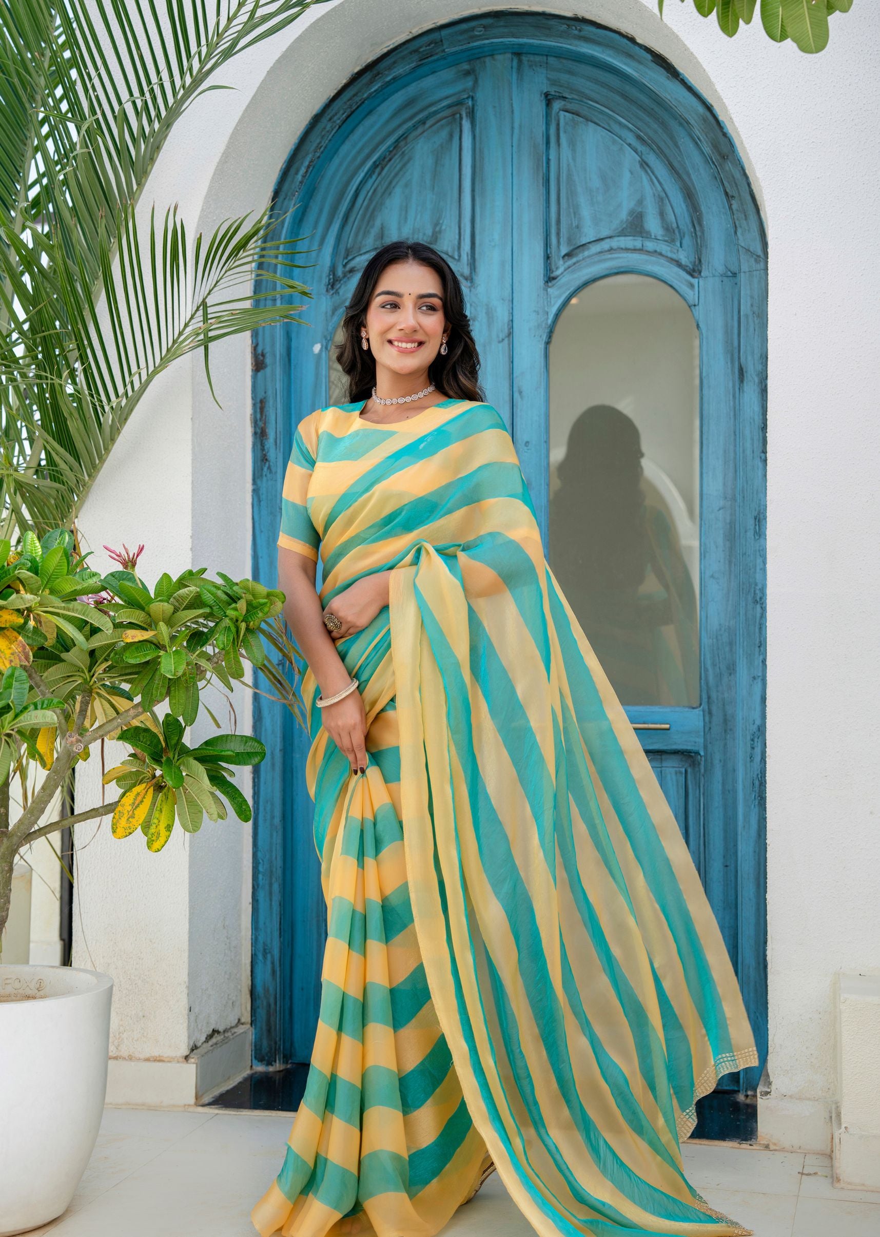 Sky Blue Organza Saree Outdoor Look - Festive Wear Saree