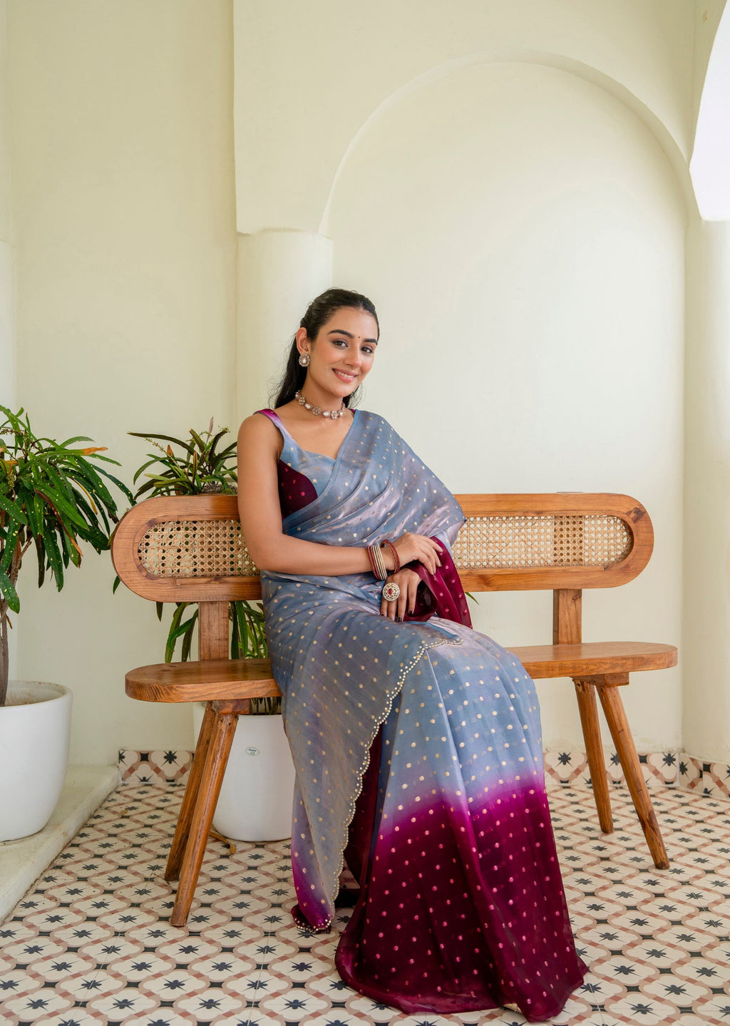 Royal Wine Grey Organza Silk Saree Outdoor Look - Party Wear Saree