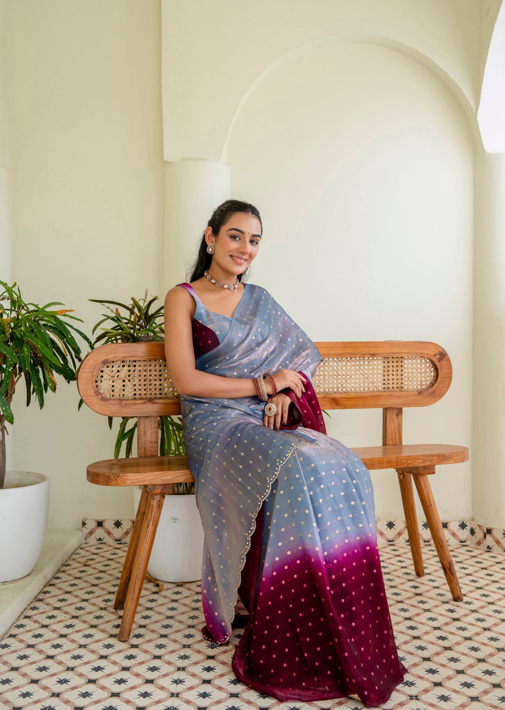 Royal Wine Grey Organza Silk Saree Outdoor Look - Party Wear Saree