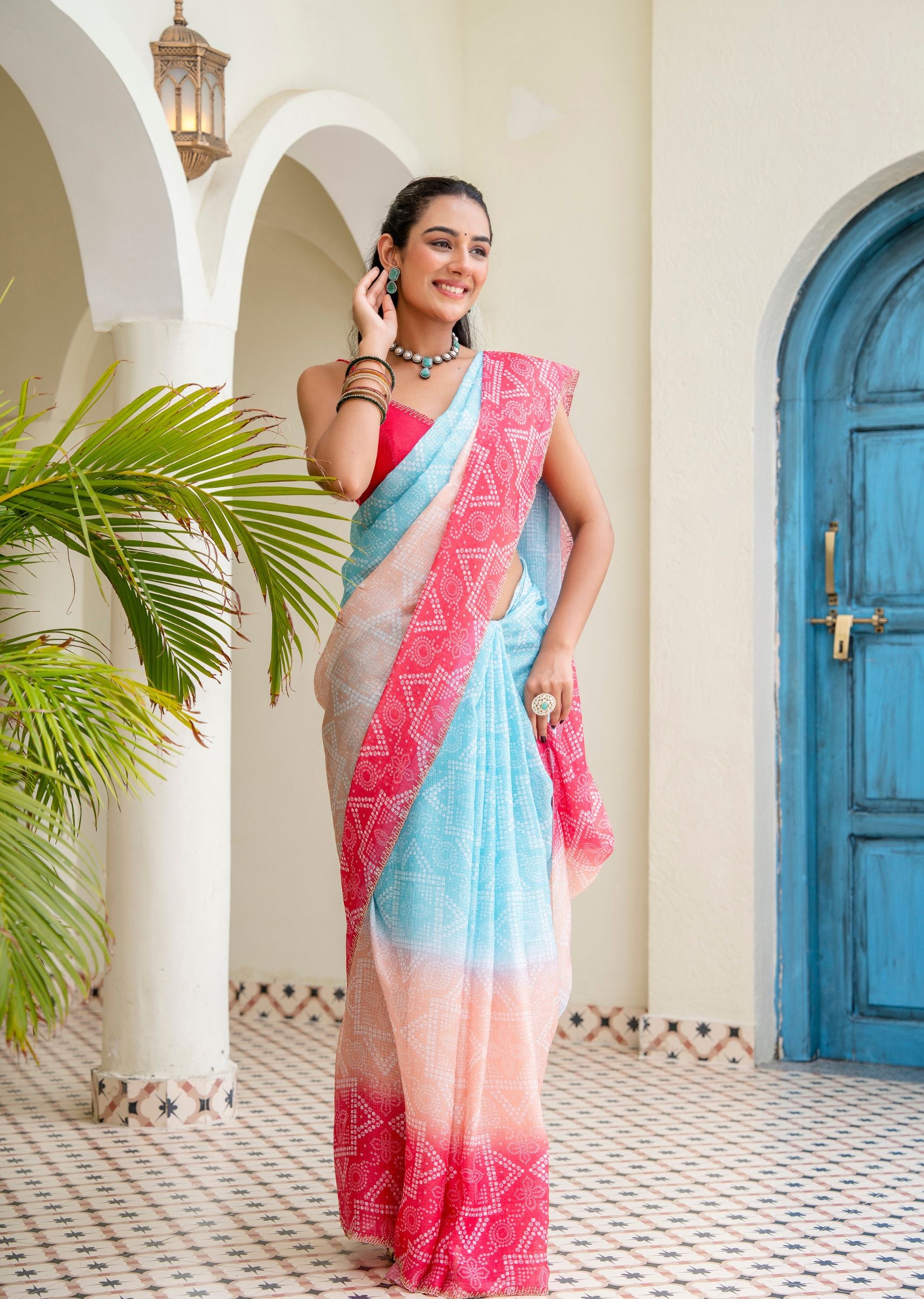 Firozi Red Kota Silk Saree Draped Look - Ombre Effect Detail