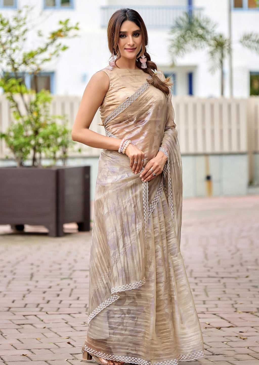 Gold Crushed Organza Saree Outdoor Look - Festive Wear Saree