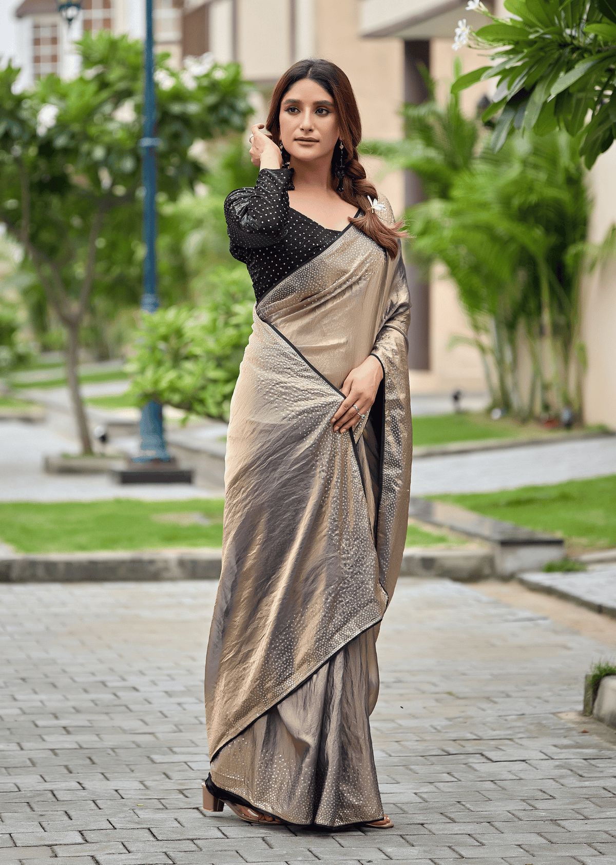 Grey Italian Silk Saree Side View - Festive Wear Saree