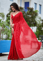 Red Italian Silk Saree Draped Pose - Festive Wear Saree